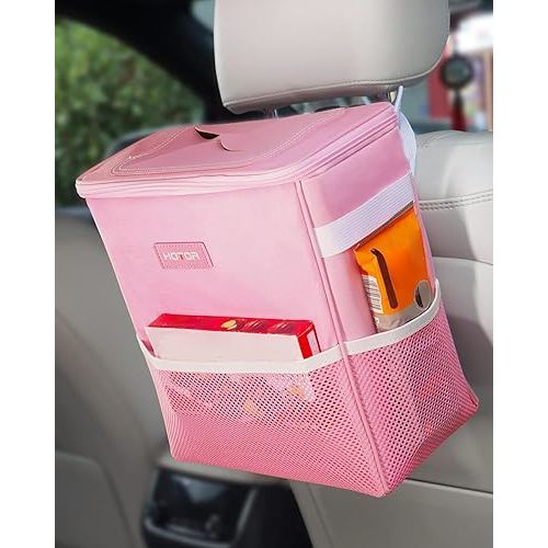 HOTOR Car Trash Can with Lid and Storage Pockets - 100% Leak-Proof Organizer, Waterproof Garbage Can, Multipurpose Trash Bin for Car, 2 Gallons, Pink
