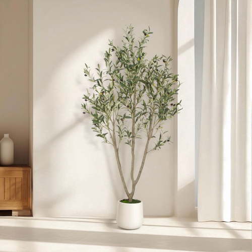 Romswi Artificial Olive Tree 6 FT, with White Pot, Olive Faux Trees Realistic Leaves Silk Tree for Home Office Indoor Outdoor Decor
