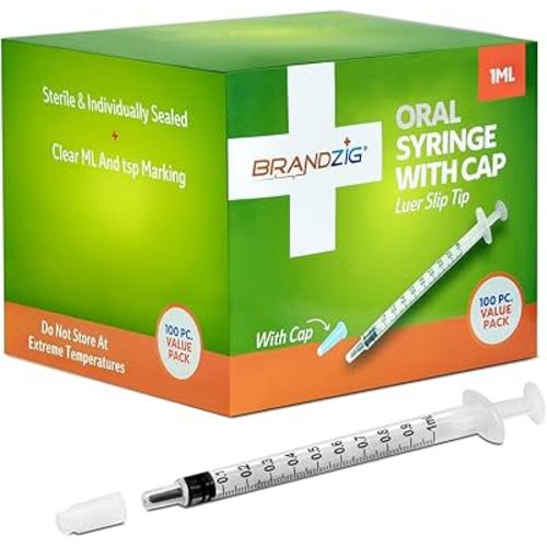 1ml Syringe with Cap (100 Pack) | Oral Dispenser Without Needle, Luer Slip Tip, | Sterile Individually Wrapped Medicine Dropper for Infants, Pets and Colostrum Collector