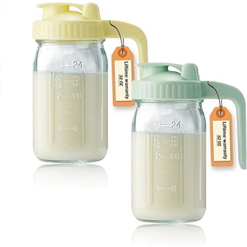 32oz Glass Pitcher with Lid & V-shaped Pour Spout - 1 Quart Double Leak Proof, Creamer Container for Sun Tea, Juice, Cold Brew Coffee, Breastmilk Storage Container