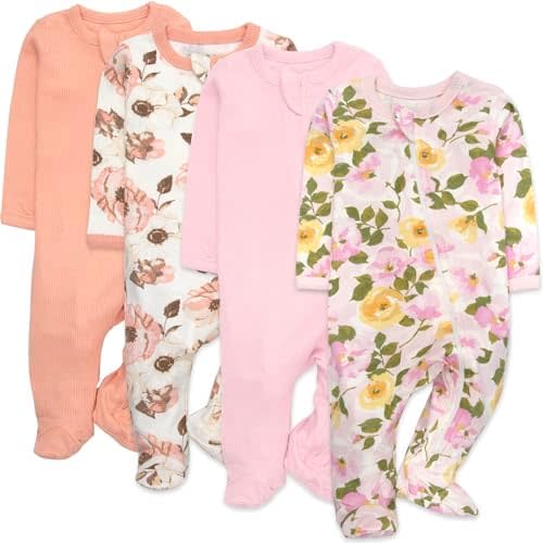 Baby Essentials Girls 4 Pack Patterned and Solid Footie Newborn Outfits