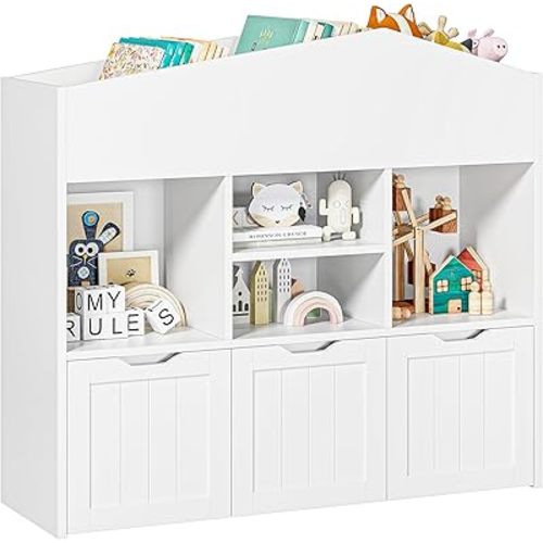 FOTOSOK Toy Storage Organizer with 3 Movable Drawers, Toy Organizers and Storage with Concealed Wheels and 7 Cubbies, Toy Storage Kids Storage Organization, Playroom Furniture, White