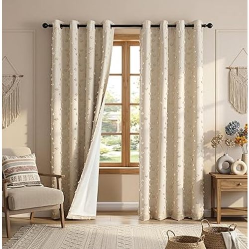 MYSKY HOME 100% Blackout Curtains for Nursery Thermal Insulated Beige Pom Pom Curtain 72 Inch Length for Girls Bedroom 2 Panels Grommet White Sheer Drapes for Kitchen Dining Room Door, 52W x 72L