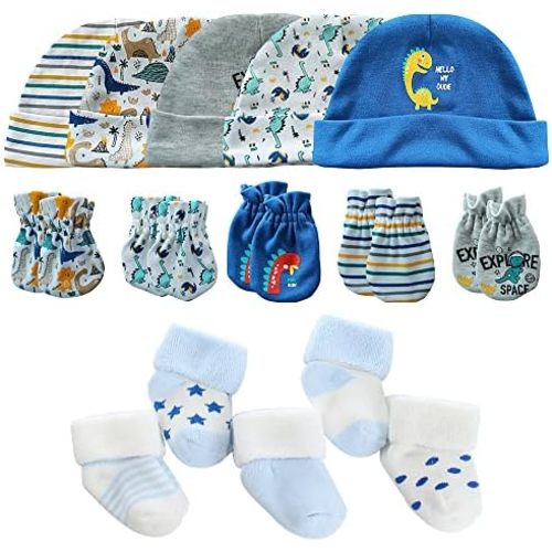 Newborn Baby Boy Girl Caps Mittens Socks Set Cotton Baby Essentials Accessories (Hats+Gloves+Socks)