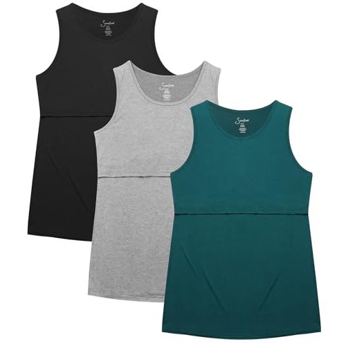 Sosolism 3 Pack Nursing Tank Tops Sleeveless Workout Pumping Shirts Scoop Neck Double Layer Summer Breastfeeding Tops