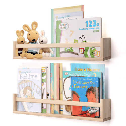 Nursery Shelves, 23.75-inch Floating Bookshelves for Wall Set of 2, Baby Nursery Decor, Solid Wood Wall Mounted Shelves for Books (Natural Wood)