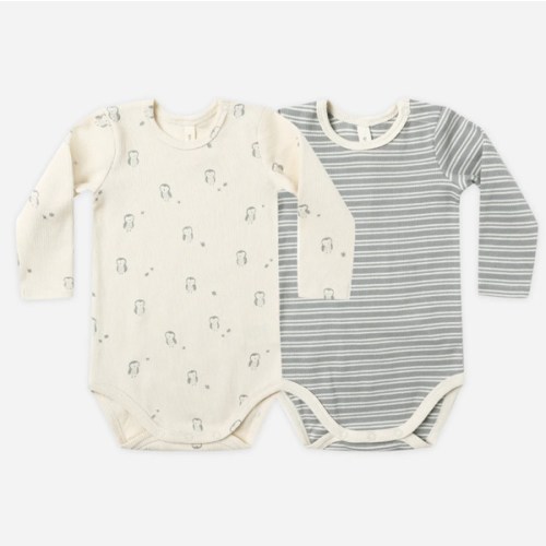 Ribbed Bodysuit, 2 Pack || Steel Blue Micro Stripe, Owls – Quincy Mae