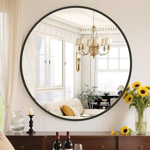 Sweetcrispy 24 Inch Round Wall Mirror with Tempered Glass, Bathroom Mirror Over Sink, Anti-Fog & Waterproof Round Mirror for Bathroom, Entryway, Bedroom, Shatterproof Design, Black