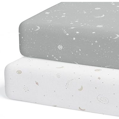 Crib Sheets Neutral - Fitted Baby Crib Sheets Bed for Girl Boy - 2 Pack Standard & Toddler Mattress (Galaxy, Moon, and Stars) - Buttery Soft Organic Cotton Blend
