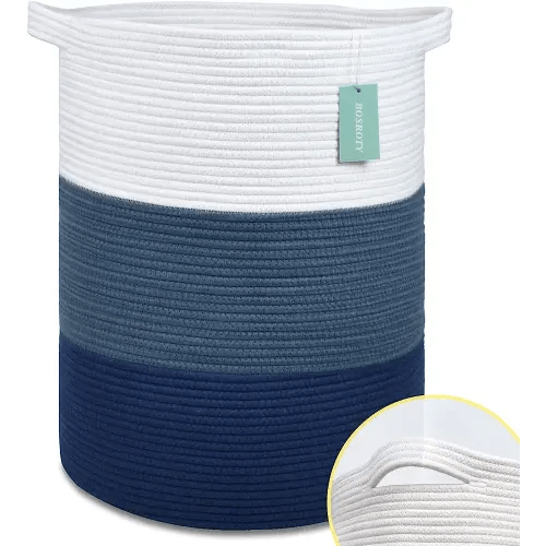 Large Blanket Basket, Tall Laundry Basket 72L, Nursery Hamper, Laundry Hamper, Clothes Basket Laundry, Large Storage Basket, Rope Basket, Toy Basket, 16”x 22”, White & Cadet Blue & Navy Blue