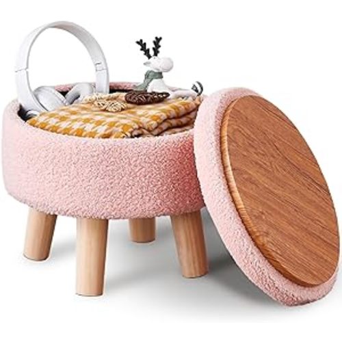 Amazon.com: Wimarsbon Storage Ottoman, Modern Round Footrest with Soft Padded Seat, Teddy Velvet Footstool with Wood Legs, Accent Small Table or Plant Stand for Hallway, Living Room (Pink) : Home & Kitchen