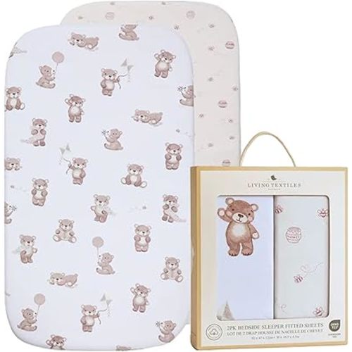 100% Organic Cotton Bedside Sleeper Bassinet Fitted Sheet 2 Pack -Premium Fabric for Baby's Best Comfort,Super Soft Baby Quilt, 92x47x12cm Soft,Breathable,Snug Fit GOTS Certified (Cuddly Bear)