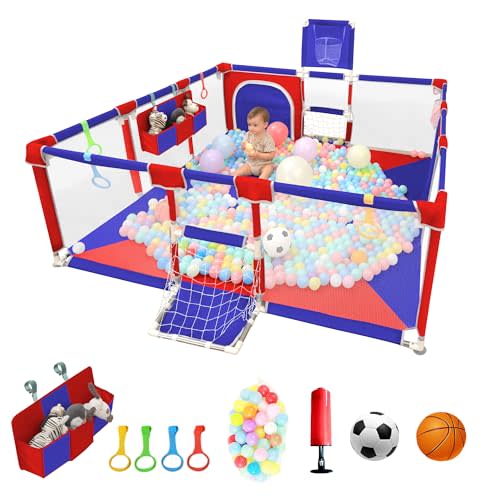 Playpen for Babies and Toddlers,73"x71"Baby Playpen with Mat Indoor&Outdoor with Breathable Play Pen with Ocean Balls Hanging Pocket Basketball Hoop and Football Goal (Blue+Red, 73"x71")