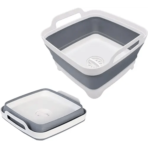 2.4 Gal(9L) Collapsible Dish Basin with Drain Plug, Space Saving Outdoor Multiuse Foldable Sink Tub, Dishpan, Kitchen Storage Tray for Camping, Vegetable Washing, RV (Gray)