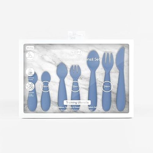 ezpz Developmental Utensils Set (Indigo) - BPA Free Utensils - 100% Silicone and Nylon - Designed by a Pediatric Feeding Specialist - Baby Essentials & Baby Gifts