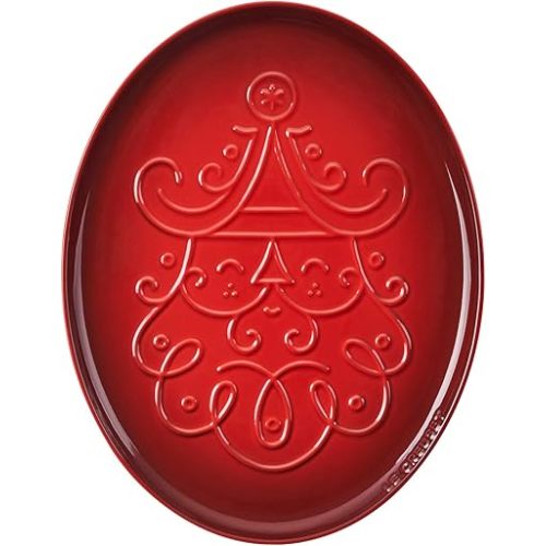 Le Creuset Stoneware Noel Collection: Oval Santa Cookie Platter, 14 oz., Cerise w/Embossed Design