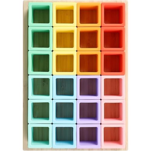 BLUE GINKGO Silicone Rainbow Blocks - Giftable Soft Blocks for Kids | BPA Free Silicone Blocks | Montessori Blocks, Silicone Rainbow Stacking Toy with Sorting Tray (24 PC - Pastel)