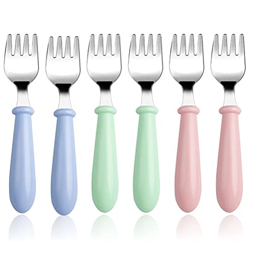 Pimoys 6 Pieces Toddler Forks Baby Forks for Self Feeding, Kids Forks with Round Handle, Stainless Steel Toddler Utensils Children's Safe Silverware Set BPA Free, Dishwasher Safe