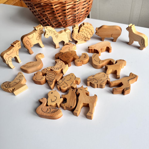 Set of 25pcs Wooden Farm animals and birds toy, wooden animals, domestic animals and birds, farm animal figure, country animal