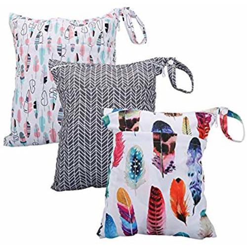 Wet Bag for Cloth Diapers Waterproof Reusable Bags with Two Zippered Pockets Ins Feathers Wet Dry Bag Travel Beach Pool Yoga Gym Bag for Pump Swimsuits Wet Clothes 3pcs - Arrow-Feather
