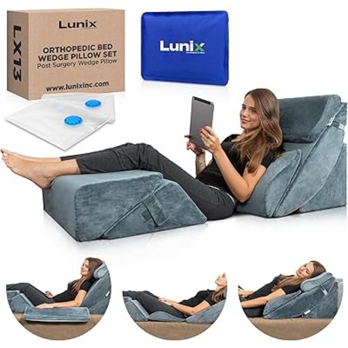 Lunix 6pcs Orthopedic Bed Wedge Pillow Set, Post Surgery Memory Foam for Back, Neck, and Leg Pain Relief, Adjustable Sitting Pillow for Sleeping, Acid Reflux and GERD, Hot Cold Pack, Navy