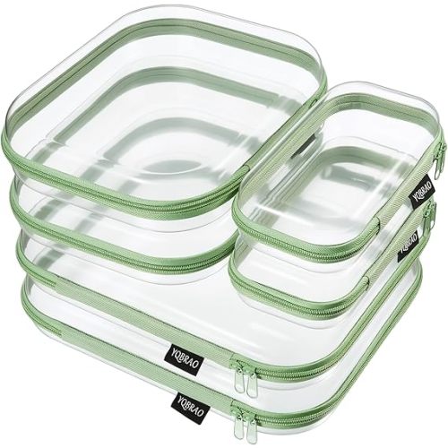 6 Pack Sleek Green Clear Hard Shell Zipper Case, 1.2mm Heavy Duty Tech & Cord Organizer Pouches, Crush-Proof Electronic Storage for Travel, Tools & Diaper Bag (2L+2M+2S)