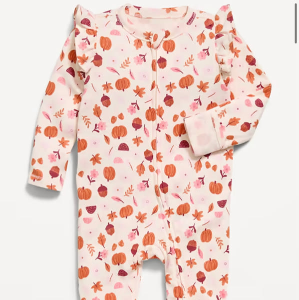 Ruffle-Trim 2-Way-Zip Sleep & Play Footed One-Piece for Baby- Harvest