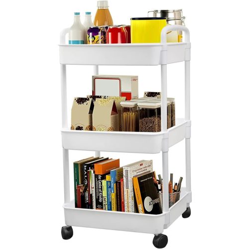 EZ COZY 3-Tier Rolling Cart, Plastic Rolling Utility Cart with Wheels, Lightweight Rolling Storage Cart Organizer, Easy Assemble Storage Trolley for Kitchen, Bathroom, Living Room, Office (White)