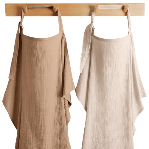 Comfy Cubs Muslin Nursing Cover Pack of 2, 100% Cotton Muslin Breastfeeding Cover for Moms, Soft & Breathable Baby Nursing Scarf, Adjustable Neck Strap - Privacy Coverage - Sand and Cedar