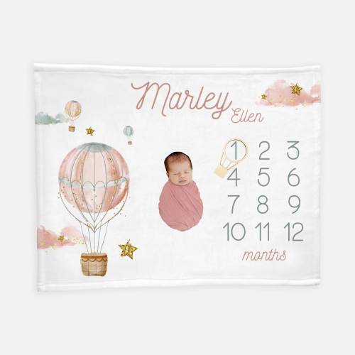 Girl Hot Air Ballon Baby Milestone Blanket, Glitter Baby Girl Blanket, Adventure Milestone Blanket, Month Baby Blanket T36