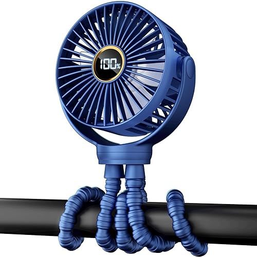 Portable Stroller Mini Fan, Small Rechargeable Personal Fan, Travel Essentials for Baby, Wagon, Car Seat, Treadmill, Battery Powered Biking Gear Accessories, 360° Rotation, 3-Speed, Display, Blue