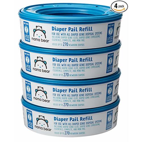 Amazon Brand - Mama Bear Diaper Pail Refills for Diaper Genie Pails, 1080 Count (Pack of 4) - 4 Pack