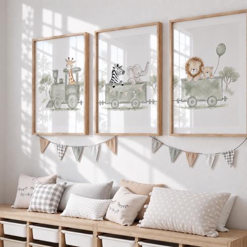 Safari Nursery Wall Art Set of 3, Baby Boy Nursery Prints, Green Safari Animal Train Decor, Jungle Nursery Wall Art, Physical Prints
