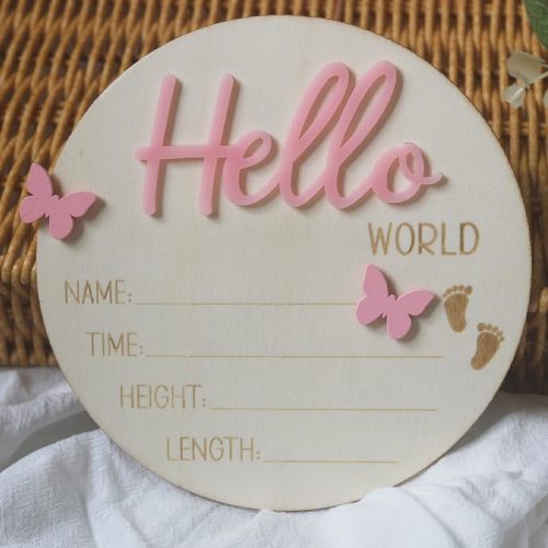 Cuvstvo Baby Announcement Sign Hello World Newborn Sign Newborn Baby Birth Announcement Sign Wooden Newborn Photography Props Baby Shower Hospital Nursery 5.3 Inch (Butterfly Pink)