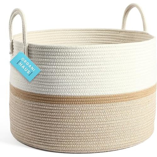 OrganiHaus Large Blanket Basket Living Room 20x13, Large Cotton Rope Basket, Woven Laundry Basket, Nursery Laundry Basket, Extra Large Basket for Blankets Living Room, Brown Large Woven Basket