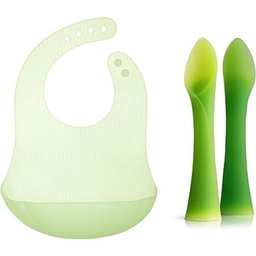 Olababy Training Spoon Set (Lime/Kale) + Fold N Go Silicone Baby Bib w Travel Case (Kiwi)