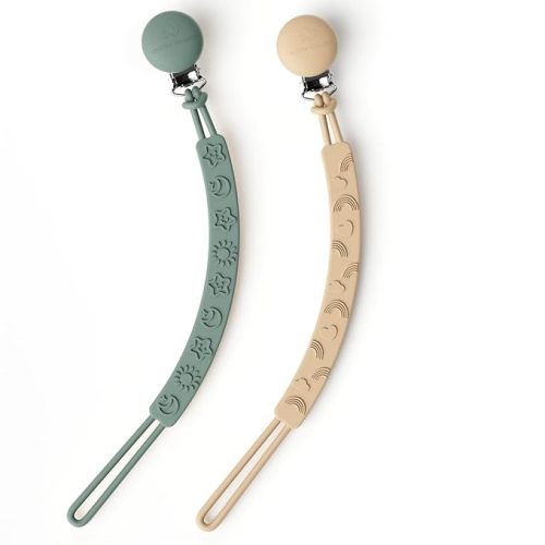 Cuddle Campus Pacifier Clip,Pack of 2 Pacifier Holder Clip with One Piece Design,Soft Flexible Silicone Baby Pacifier Holder with Texture for Boy and Girl - Neutral+Dried Thyme - Rectangle
