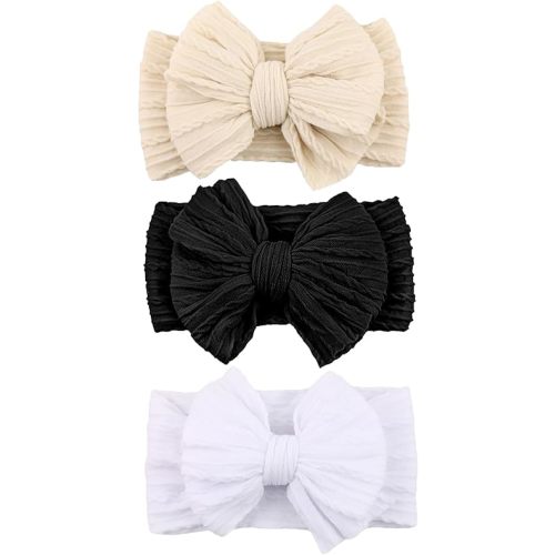 Handmade Baby Girls Headbands Soft Stretchy Nylon Hair Bands Hair Accessories with Bows for Newborn Baby Girls Infant Toddlers Kids (Beige Black White)