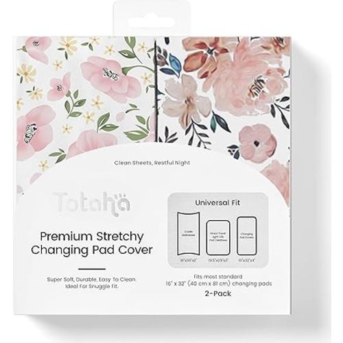 TotAha Premium Stretchy Changing Pad Covers (2-Pack) Hypoallergenic, Silky Comfort, Buttery Soft, Calming Effect, All-Season Jersey-Knit 5'' Deep Pocket(Meredith Allover Floral & Pale Pink Flowers)