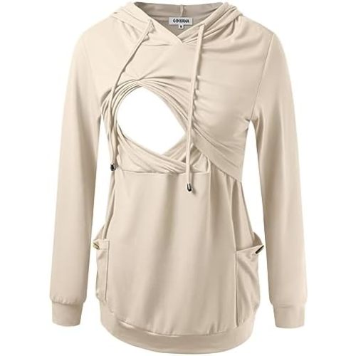GINKANA Womens Nursing Hoodie Top Sweatshirt Long Sleeve Button Decoration Pockets Shirts Tunic Top