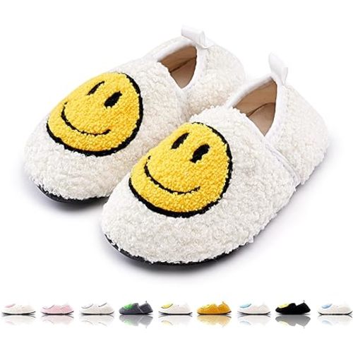 Smile Face Slippers Kids Fuzzy Indoor House Slippers Toddler Home Cozy Socks Cute Face Non-Slip Rubber Sole Warm Shoes Cartoon Soft For Boys Girls