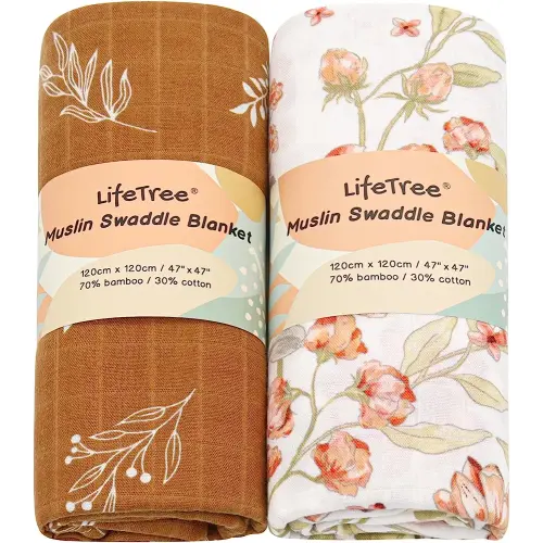 LifeTree Muslin Swaddle Blanket for Baby Girl Newborn, 2-Pack 70% Viscose from Bamboo and 30% Cotton Large Baby Swaddle Blankets (47" x 47"), Floral & Tan Leaf