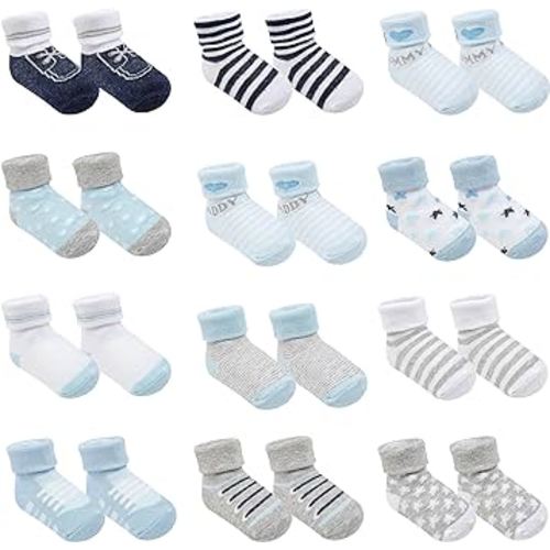 Baby Socks w/Grippers 0-6 & 6-12 Months | Safe Walking Non-Slip Sole | Stay-In-Place Ribbed Cuffs Unisex | 12Pairs (US, Age, 0 Months, 6 Months, Blue)
