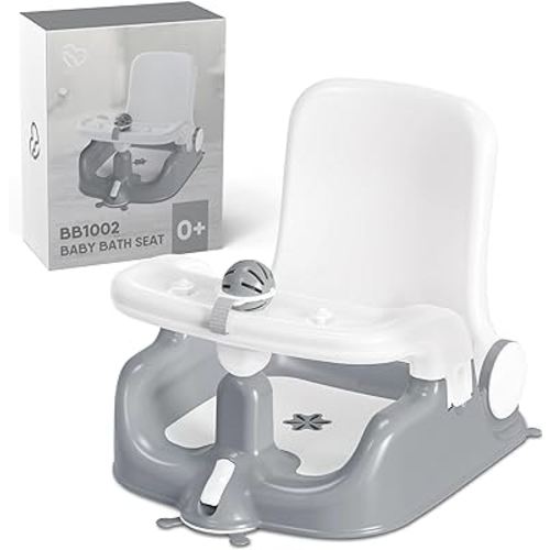 BabyBond Baby Bath Seat with Sitting & Lying 2 Modes, 3-Speed Adjustment, Powerful Suction Cups, Infant Bathtub Chair with Washable Pillow, Folding and Hanging (Grey)