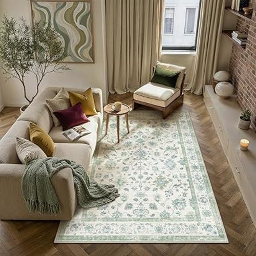 HUGEAR 3x5 Entryway Area Rug Vintage Green Small Rug Machine Washable Door Mat Retro Floral Low Pile Carpet Vacuumable Distressed Throw Rug Entrance Kitchen Bedroom Farmhouse Playroom Non Slip