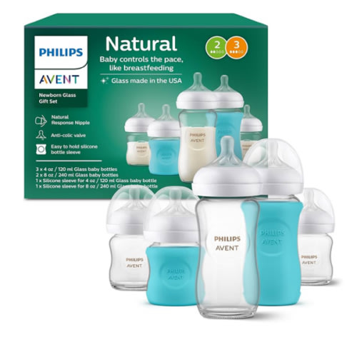 Philips Avent Natural Newborn Glass Gift Set, Baby Bottles with Natural Response Nipples, 3X 4oz (Slow Flow, Flow 2) and 2X 8oz (Medium Flow, Flow 3), 2X Silicone Sleeves, SCD858/01