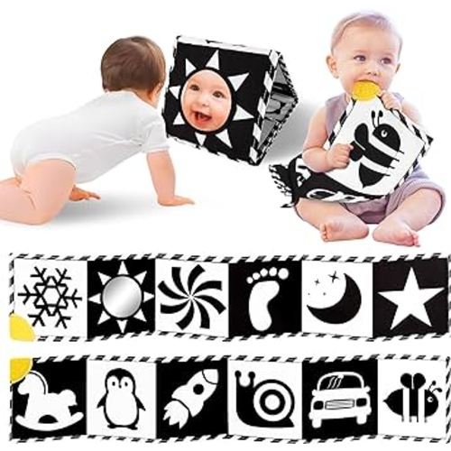 Newborn Toys, High Contrast Baby Books with Teether, Black and White Baby Toys, Montessori Toys 0-6-12 Months Brain Development, Sensory Learning Activities Gift, Tummy Time Toys