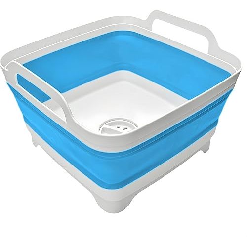 2.4 Gal(9L) Collapsible Wash Basin with Drain Plug, Foldable Dish Tub, Space Saving Camping Sink for Kitchen, Laundry, RV & Baby Bottles, Vegetable Washing, Blue