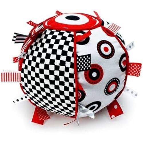 Genius Baby Toys Tag Ball for Babies - Soft Interactive Sensory Development Ball with Bell Chime in High Contrast Colors - 7" Diameter - Soft Taggies for Baby to Grasp