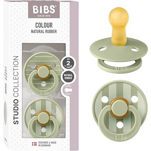 BIBS Pacifiers - Colour Studio 2 Pack | Round Nipple Baby Pacifier | BPA Free Natural Rubber Latex Soother | Made in Denmark | Size 6+ Months | Pin Sage